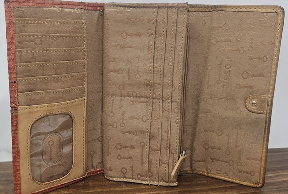 Fossil Trifold Wallet Coral Tan Snake Embossed Leather Card Organizer - Picture 3 of 10